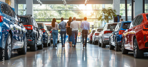 Potential buyers viewing cars in a dealership.