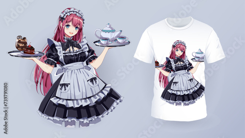 Pretty maid cafe girl and t-shirt print vector template. Kawaii anime woman holding desserts and coffee character for clothes decor. Japanese art