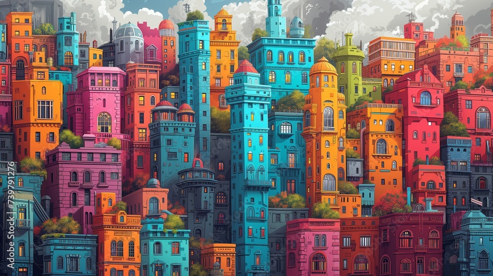 Colorful Stacked Cityscape with Diverse Architectural Styles Colorful Stacked Cityscape with Diverse Architectural Styles