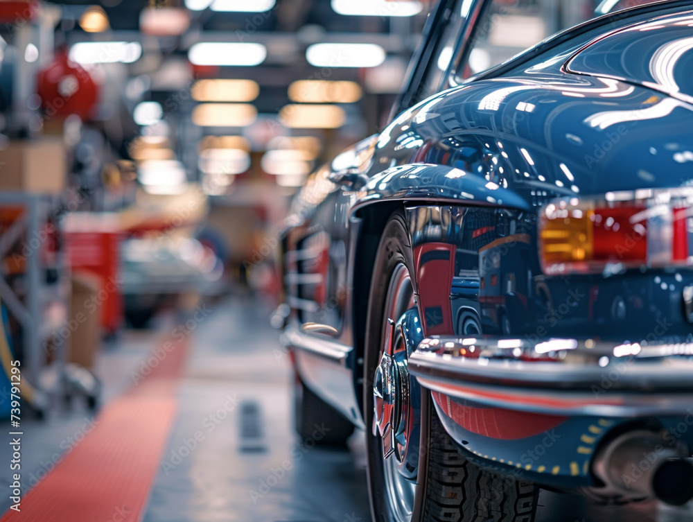 Classic car with reflective shine on factory floor. Classic car with reflective shine on factory floor.