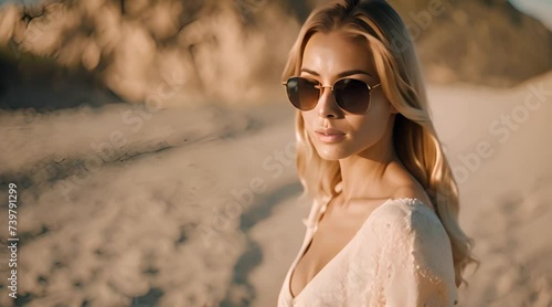Portrait of a beautiful girl model wearing glasses on holiday at the beach photo