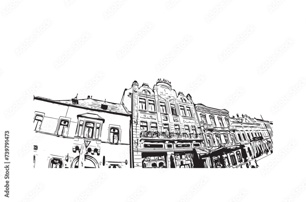 Fototapeta premium Print Building view with landmark of Kosice city. Hand drawn sketch illustration in vector.