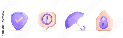 3d secure icon. Cyber protection, home security, insurance, alert, error and emergency. Shield, house and closed padlock, umbrella, speech bubble with warning sign. Realistic vector illustration