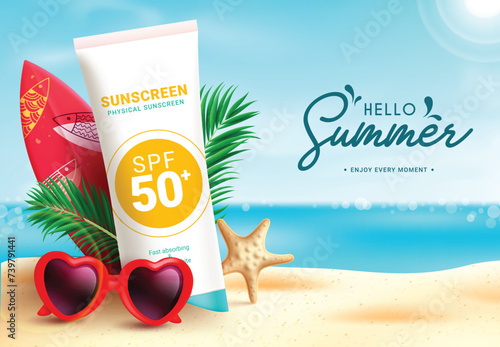 Summer hello text vector design. Hello summer greeting text with sunblock, surfboard, sunglasses and palm leaf beach elements for season tropical holiday background. Vector illustration summer 