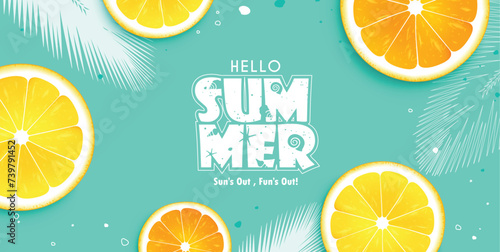 Hello summer text vector background. Summer hello greeting text in green space for typography with tropical lemon and orange fruits slice elements. Vector illustration summer greeting background. 

