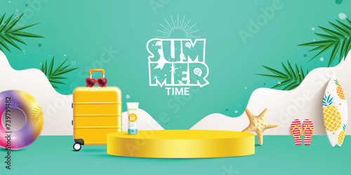Summer time text vector banner design. Summertime greeting with podium stage for seasonal product presentation background. Vector illustration summer time promotion banner. 
