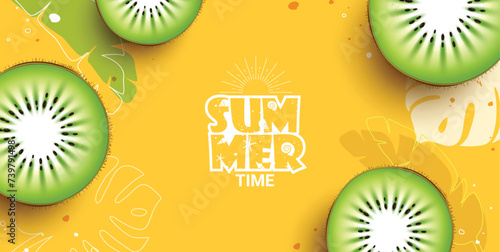 Summer time text vector background. Summertime greeting text with slice kiwi tropical fruit in yellow background for seasonal template. Vector illustration summer time greeting banner. 

