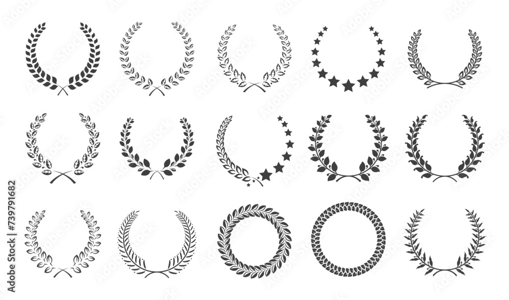 Laurel champion wreaths flat illustration set. Winner trophy garland element black and white icons on white background. Classic award emblems