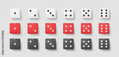 Gambling dices with dot numbers realistic vector illustration set. White red and black gaming cubes 3d models on white background. Risky playing