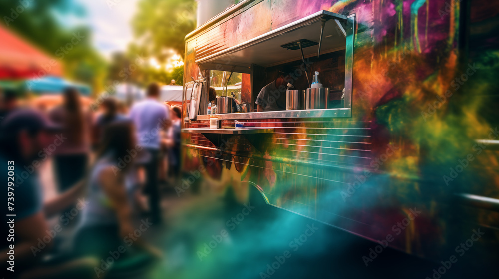 Obraz premium Against the backdrop of a rustic wood tabletop, the frenetic energy of a food truck festival is rendered in abstract blur, with streaks of vibrant colors