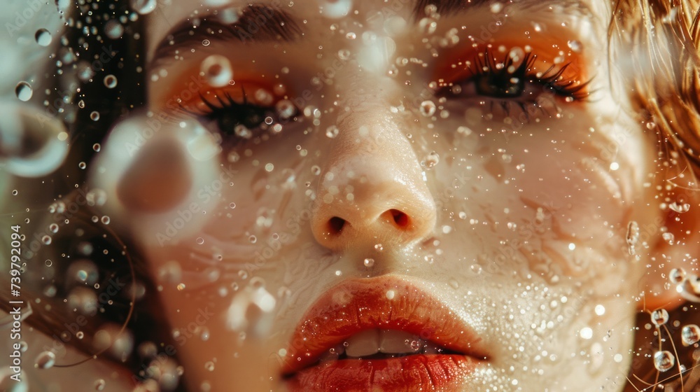 close-up of a human eye surrounded by water drops. An eye with visible eyelashes. Droplets of water glisten around the eyes, giving an element of freshness and purity.f freshness and purity.