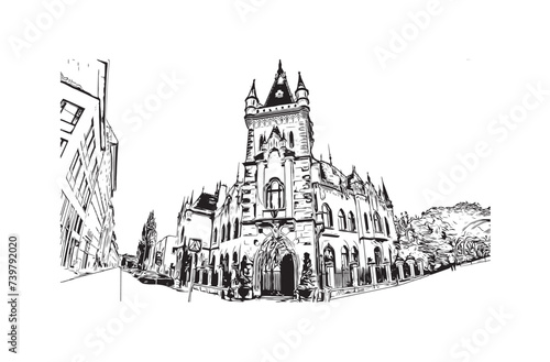 Print Building view with landmark of Kosice city. Hand drawn sketch illustration in vector.