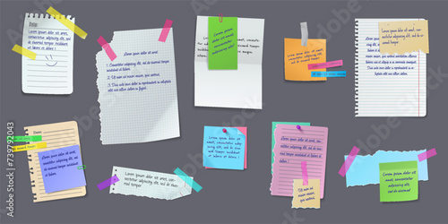 Paper notes on bulletin board realistic vector illustration set. Torn sheets and memo messages 3d models on grey background. Office notices