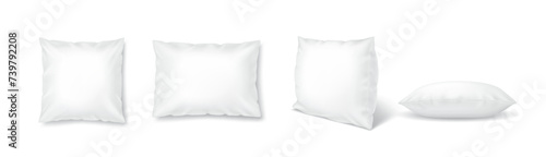 Orthopedic pillows in pillowcases realistic vector illustration set. Cushions for sofa with mockup 3d models on white background. Bedroom interior
