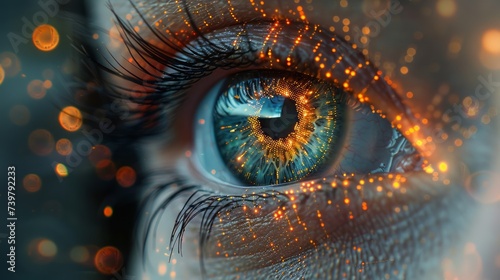 close-up of human eye, glowing digital interface graphics. Bright lights and patterns indicate advances in biotechnology, artificial intelligence or virtual reality. #739792233