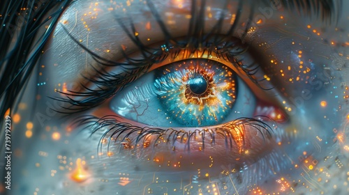 close-up of human eye  glowing digital interface graphics. Bright lights and patterns indicate advances in biotechnology  artificial intelligence or virtual reality.