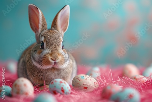 Bunny with Easter eggs with copy space, holiday spring card