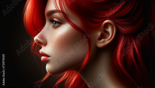 Portrait of a red-haired girl in profile. Close-up portrait of a beautiful girl.