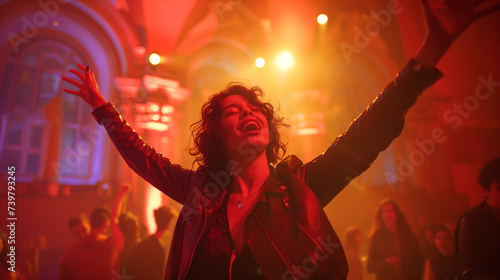 Joyful woman dancing in a club with colorful lights