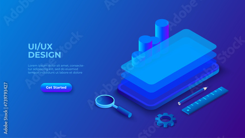 Isometric dark blue illustration. UX UI isometric design concept with smartphone. Landing page template. Mobile app or website wireframe (ID: 739793427)