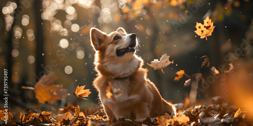 Funny happy cute dog puppy running smiling in the leaves Golden autumn fall background. © Adnan