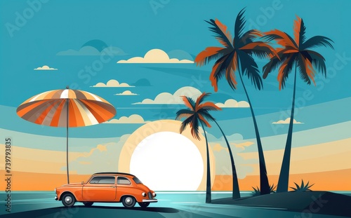 Vintage Road Trip: Sunset, Car, and Palm Trees - Generative AI © Gelpi