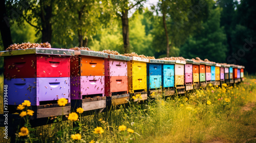 Group of Colorful Wooden Beehives © Salman