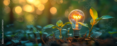 Spring flower glowing in grass and sunlight beside a bright light bulb, symbolizing creativity and innovation