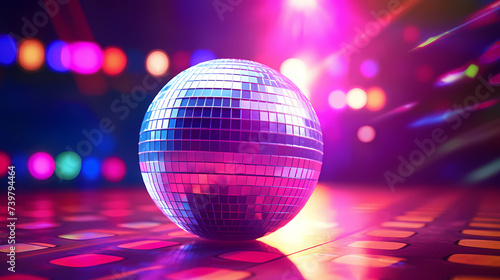 Disco ball sphere with colorful disco lights at party