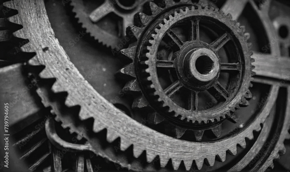abstract mechanical b&w macro closeup of a weared gears with scratches as wallpaper, generative AI abstract mechanical b&w macro closeup of a weared gears with scratches as wallpaper, generative AI