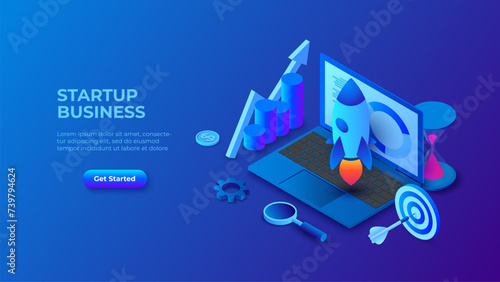 Isometric dark blue illustration. Startup business design concept with rocket, laptop and hourglass. Landing page template for web (ID: 739794624)