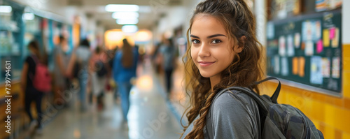 Woman walking in the university, smiling with casual fashion and blond hair,  photo