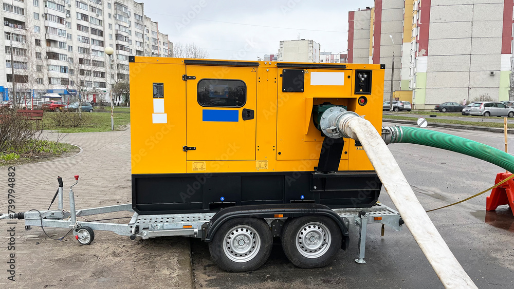 Mobile diesel generator for pumping water from flooded areas.