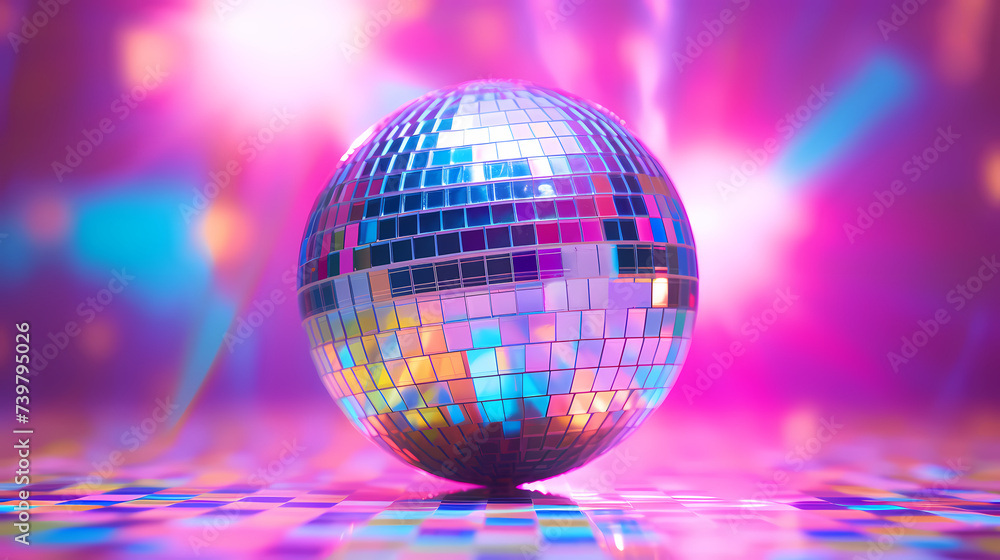 Obraz premium Disco ball sphere with colorful disco lights at party
