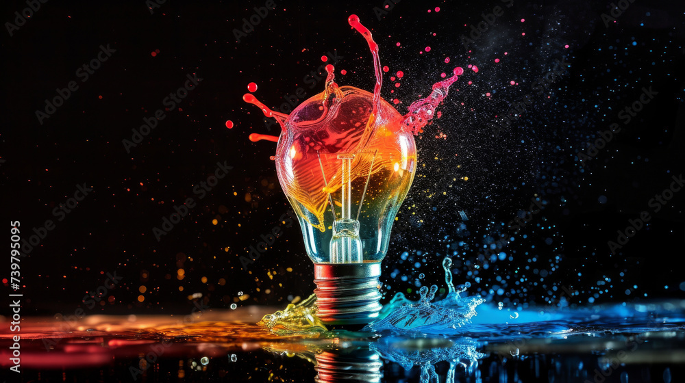 Creative colored light bulb explosion with shards and paint, a creative idea. Think different, concept. Business, ideas and the discovery of new technology - obrazy, fototapety, plakaty 