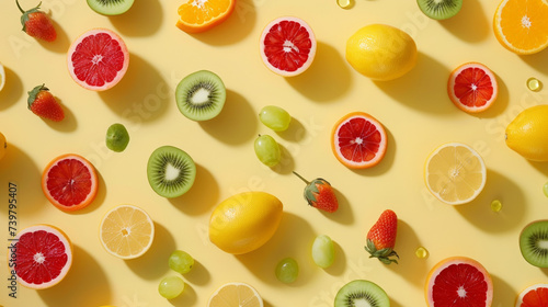 pattern with fruits on yellow background, healthy food