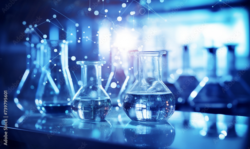 Scientific laboratory with assorted glassware and test tubes for chemistry experiments Scientific laboratory with assorted glassware and test tubes for chemistry experiments