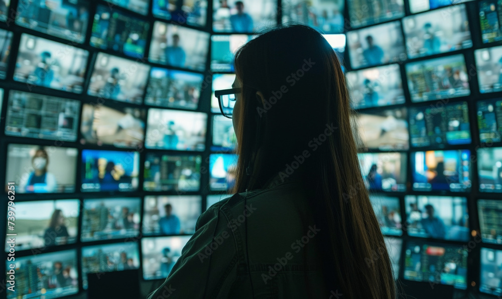 woman see technology video television digital screen in city woman see technology video television digital screen in city