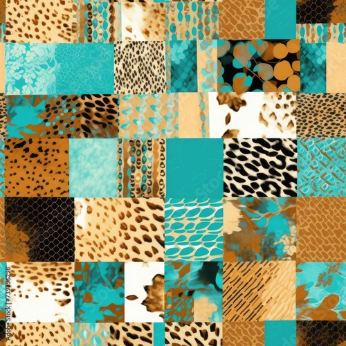 Vibrant Patchwork Collage of Leopard Prints and Abstract Turquoise Designs.