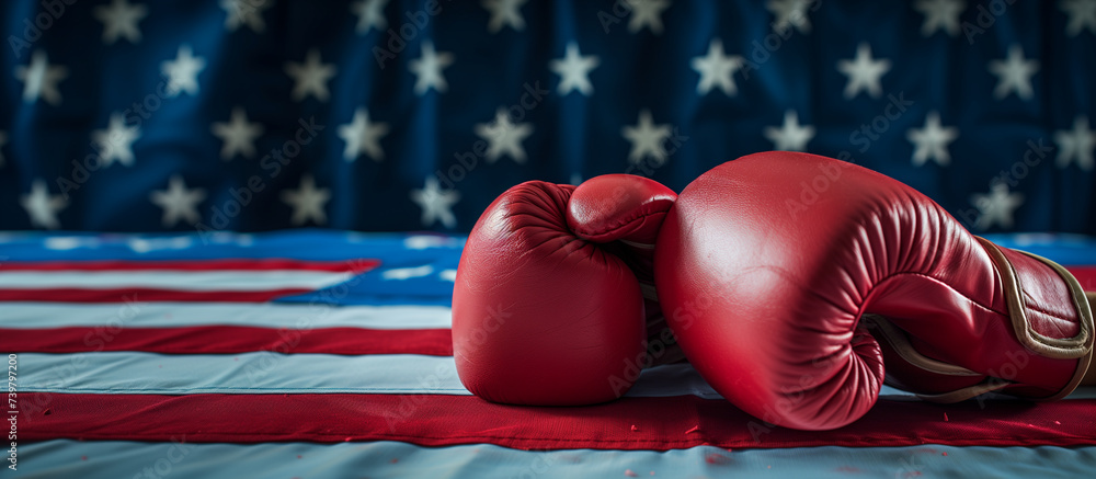 Political Contest Symbolized by Weathered Boxing Gloves and American Flag.