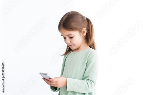 A young girl in light green attire absorbed in her smartphone against a clean white backdrop, symbolizing the simplicity of digital engagement. Girl Engrossed in Smartphone on White Background
