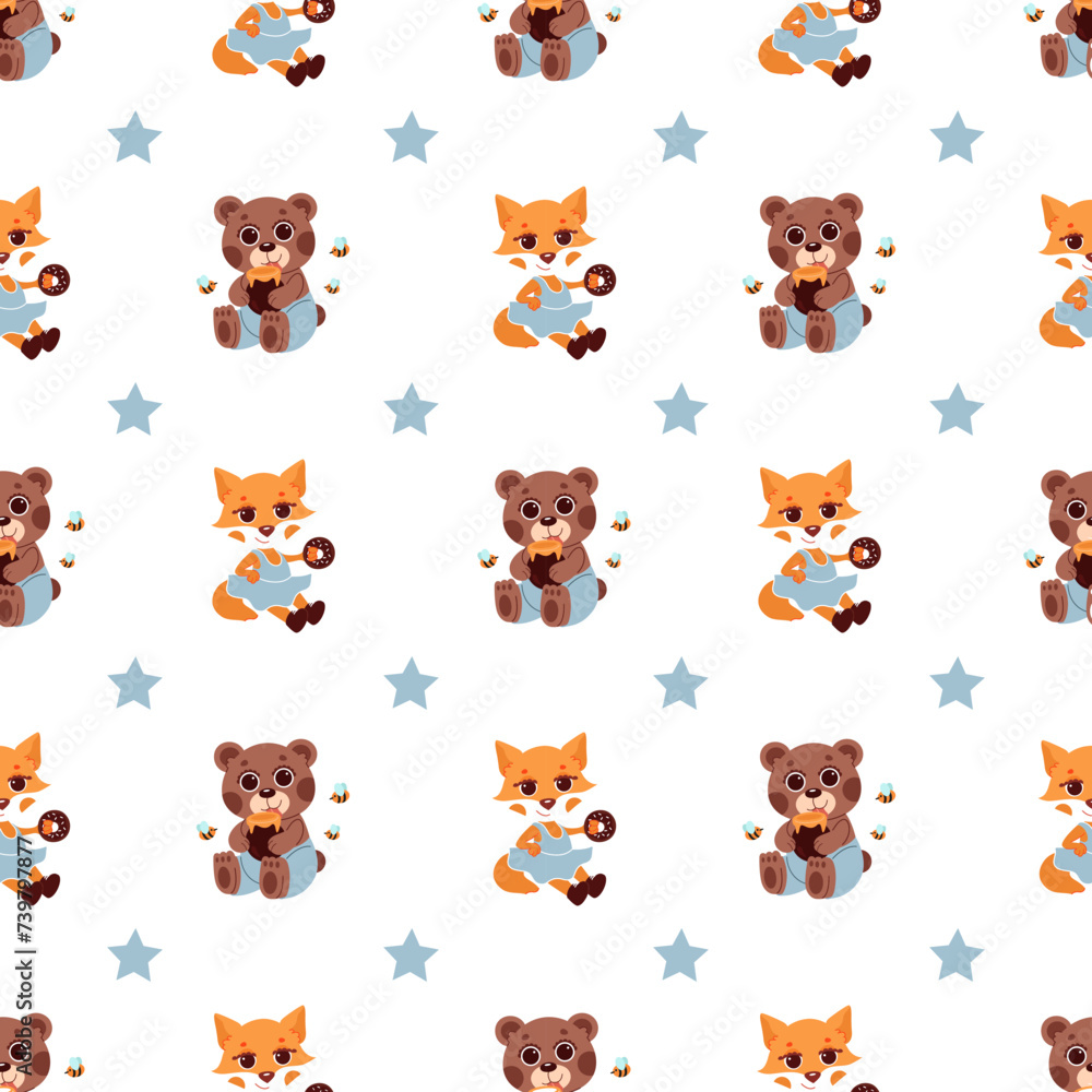 Fototapeta premium seamless vector pattern teddy bear fox and stars on a white background