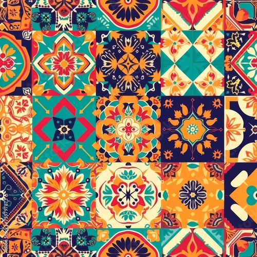 Vibrant Mosaic of Traditional Latin American Patterns and Motifs.