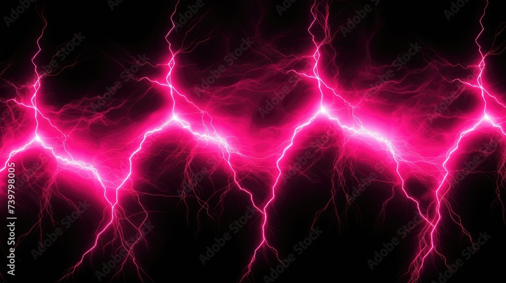 Neon Pink Lightning Strikes on Black Background Illustration.