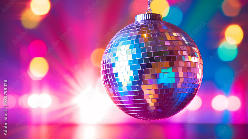 Obraz premium Disco ball sphere with colorful disco lights at party