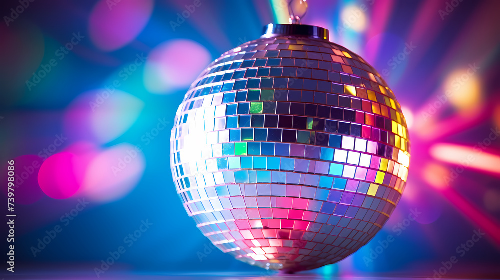 Fototapeta premium Disco ball sphere with colorful disco lights at party