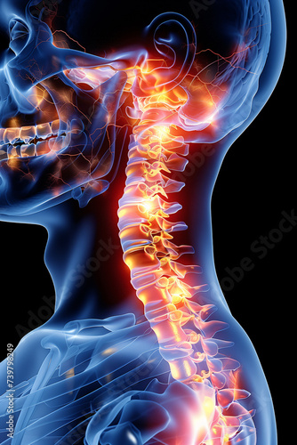 Schematic diagram of special effects of man's x-ray, cervical spondylosis, cervical vertebrae, joint pain, spinal lesions, shoulder and neck joint pain, occupational diseases, pain points highlighte