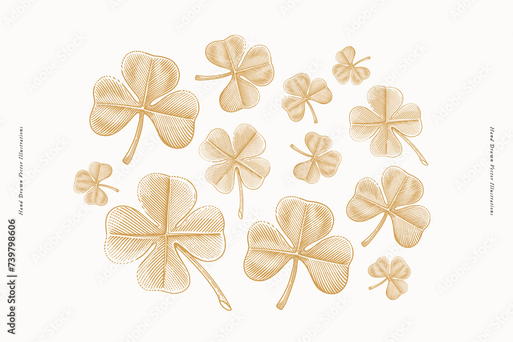 Obraz premium Clover leaves in engraving style. St. Patrick's holiday element on light background. Three leaf clover is symbol of independence and freedom. Four leaf clover is symbol of good luck and prosperity.