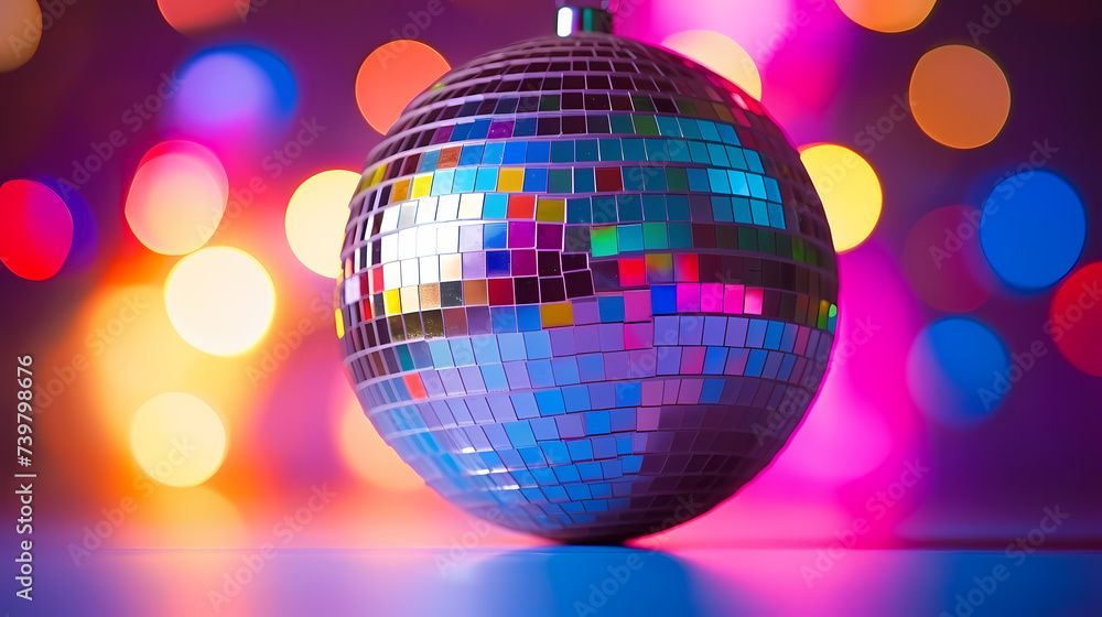Fototapeta premium Disco ball sphere with colorful disco lights at party