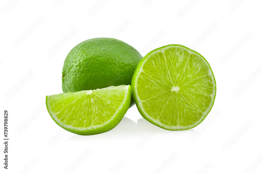 whole and half with slice of fresh green lime isolated on white background whole and half with slice of fresh green lime isolated on white background